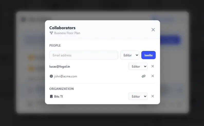 The Collaborators dialog for a project: an email invite field with an Editor role picker, an invited editor, a pending invitation, and the whole organization shared as editors.