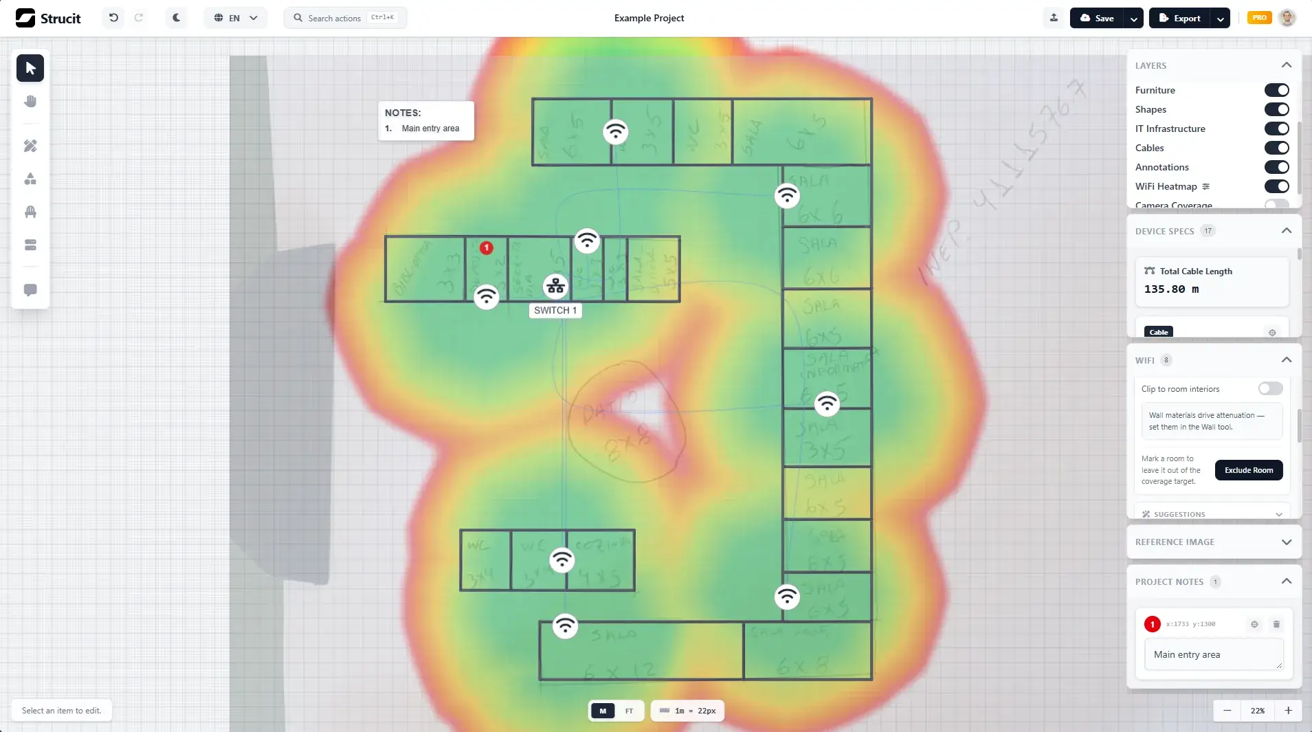 Strucit editor showing a hand-drawn school floor plan with eight access points, a switch, cables and a Wi-Fi coverage heatmap.