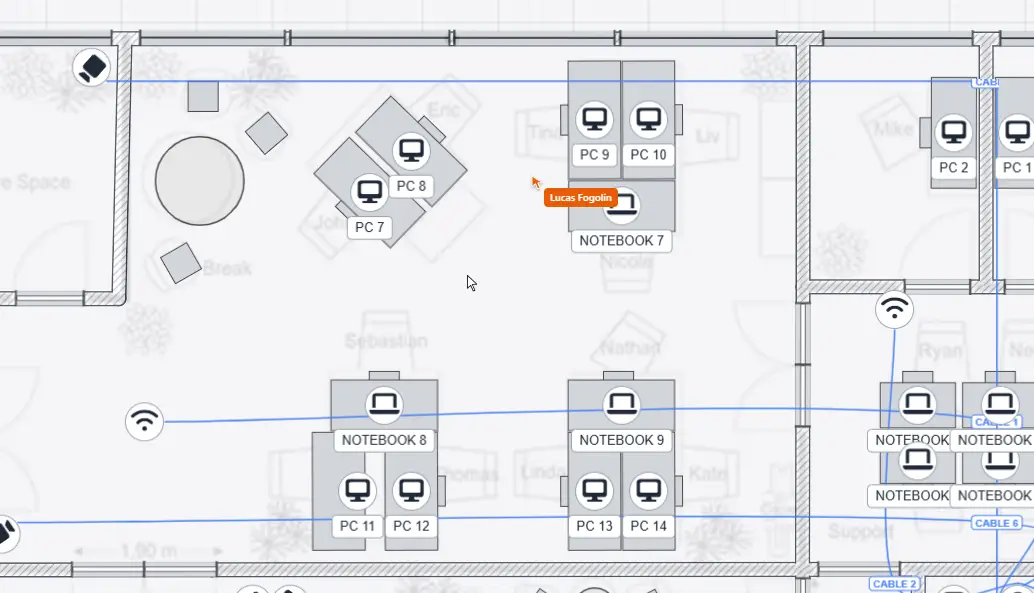 An office floor plan being edited live, with a teammate’s cursor labeled with their name next to the desks, PCs, notebooks, access points and cable runs.