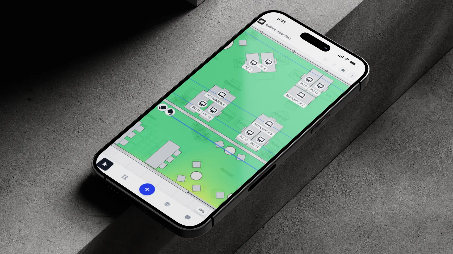 A phone running Strucit’s mobile layout: an office floor plan with a Wi-Fi heatmap, desks and devices, and the bottom toolbar with the add button.