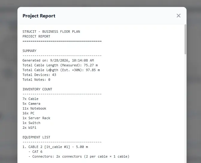 The Project Report dialog: summary with measured and estimated cable length, device count, inventory per device type, and the start of the equipment list with cable specs and connectors.