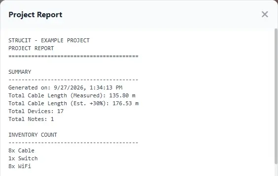 Project report summary: measured and estimated cable length, device count and inventory.